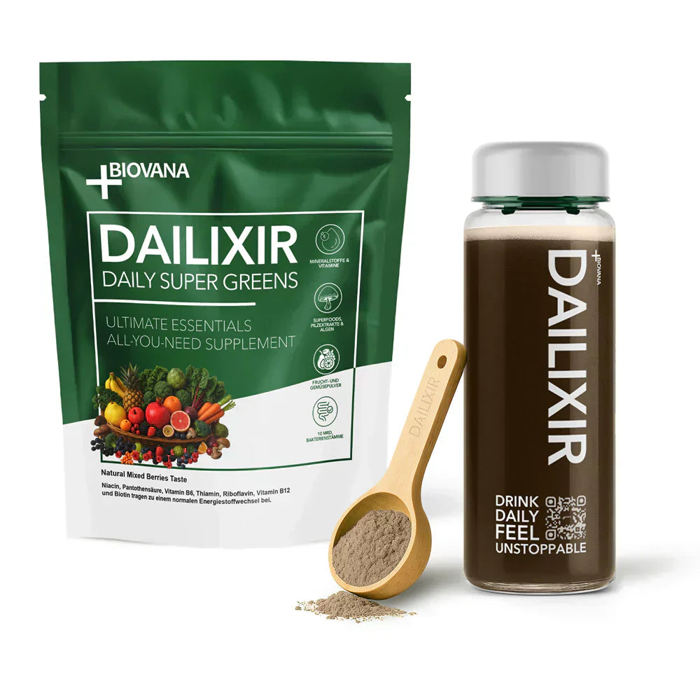 Biovana Dailixir Daily Super Greens – Superfood Pulver mit Vitaminen, Mineralstoffen und Probiotika für Energie & Wohlbefinden